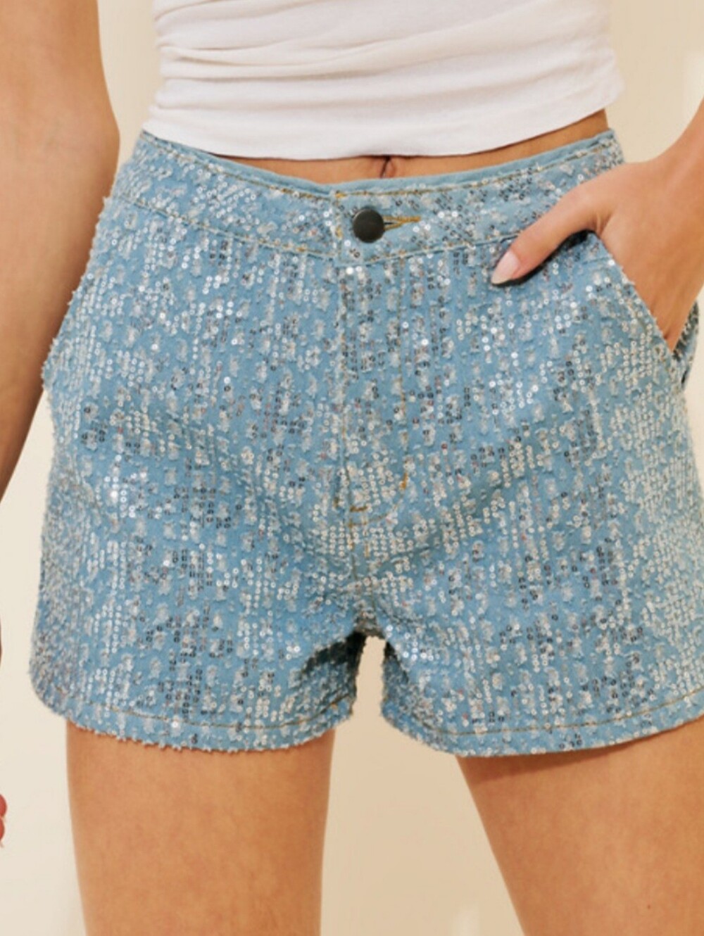 Anthropologie Flat White Sequins Denim Shorts